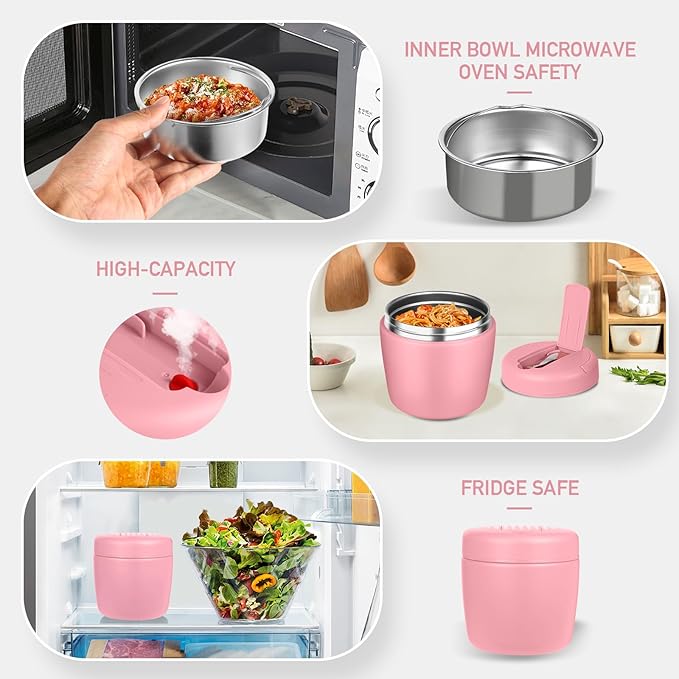 Thermo for Hot Food 32oz, Vacuum Insulated Food Jar for Adults, Stainless Steel Soup Thermo Wide Mouth Leakproof Lunch Containers with Spoon for School Office, Pink