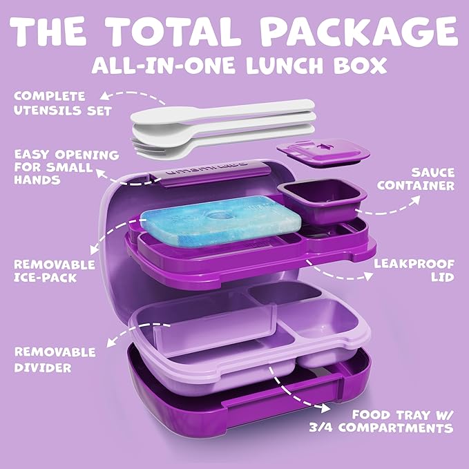 Umami All-in-1 Bento Box for Kids, Ice-pack & Utensils Included, 100% Leakproof Lunch Box Kids, BPA free and safe, Parents' favorite Lunch Box Containers, Microwave Safe