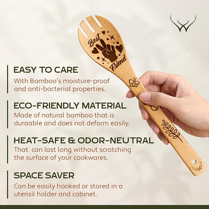 Woodlands-USA Best Friend Wooden Spoons for Cooking - Perfect Birthday Gifts for Best Friend, Bamboo Spoons & Wooden Kitchen Utensil Set,Unique Best Friend Birthday Gifts for Women Who Have Everything
