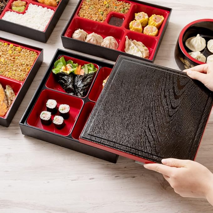 Restaurantware-10 x 2.4 Inch Compartment Lunch Container, 1 Japanese Style Adult Lunch Container - With 4 Compartments, Greaseproof, Black & Red Plastic Divided Lunch Box, For Hot & Cold Food