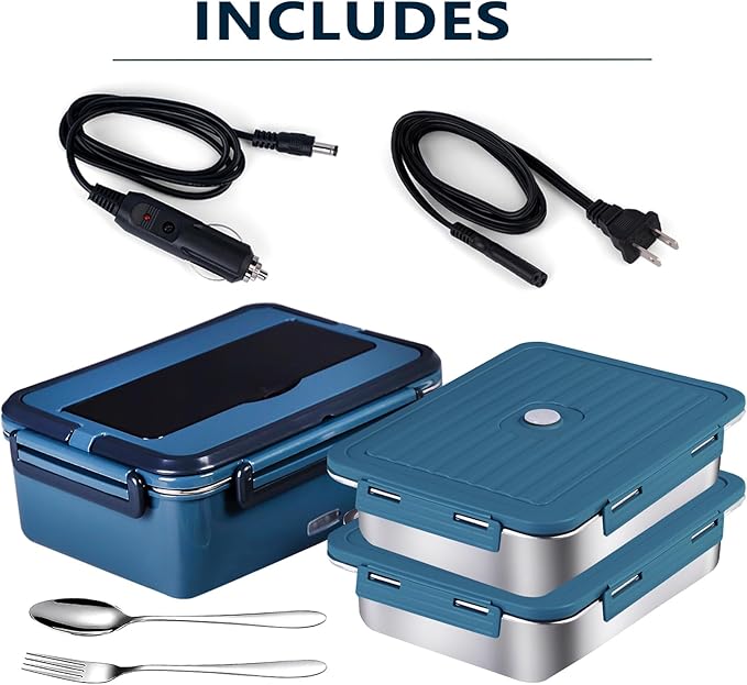 Electric Lunch Box, heated lunchbox for adults men 12V/24V/110V portable Food Warmer 80W self heating lunch boxes for Car Truck Work, heatable lunchbox with 2 Stainless Steel Containers 60-oz