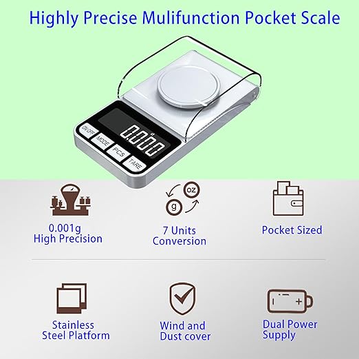 Rechargeable High Precision Digital Milligram Scale 100g/0.001g Jewelry Scale, Gram Scale, Pocket Scale, Food Scale for Powder Medicine, Gold, Gem, Reloading, with 50g Calibration Weigh