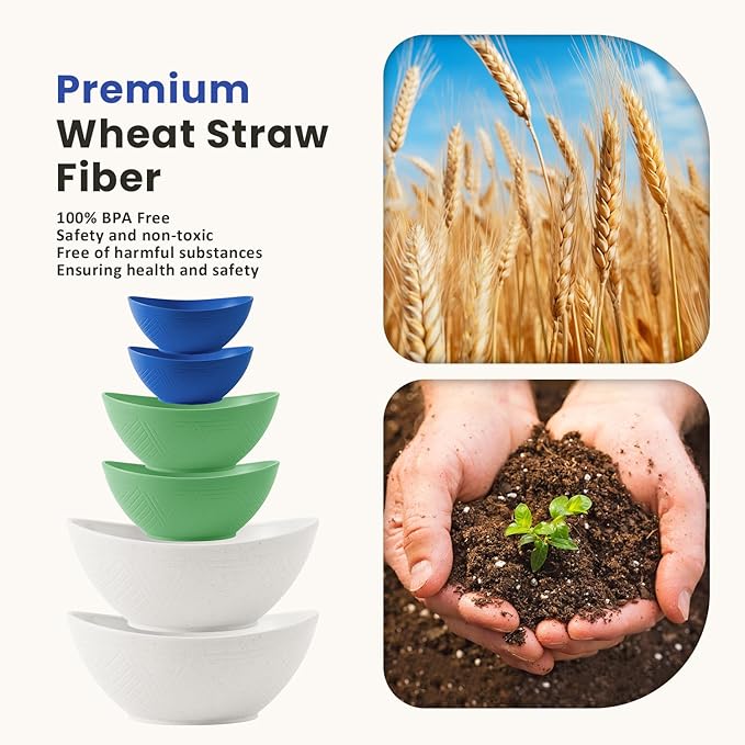 Homienly Wheat Straw Bowls Sets 6 Pieces, Wheat Straw Salad Bowls, Multi-Size Bowls for Kitchen, Camping, Mixing, Unbreakable Bowl Set for Salad, Snack,Cereal, Fruit, Microwave Safe (Island Theme)