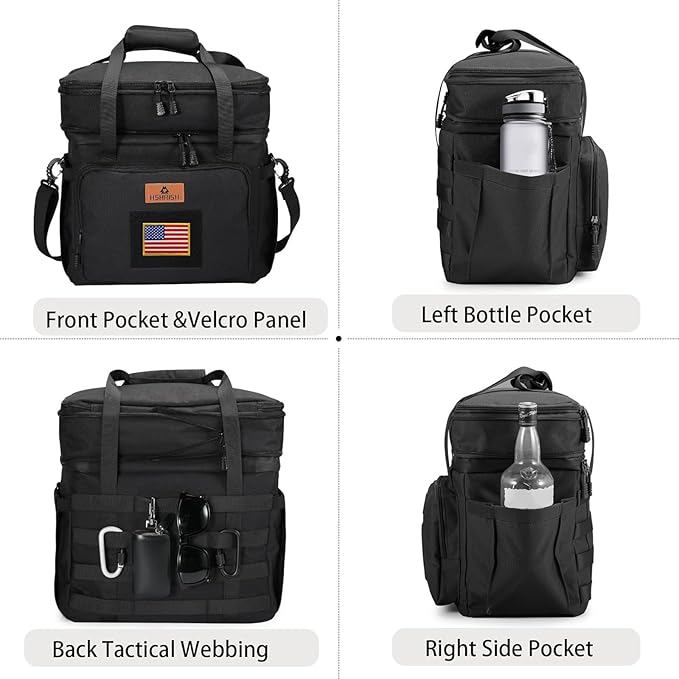 HSHRISH Double Deck Tactical Lunch Box, Large Expandable Insulated Lunch Bag, Durable Waterproof Leakproof Cooler Bag with Flag for Adults/Men/Work Outdoor Trips, 20 Cans/15 L, Black