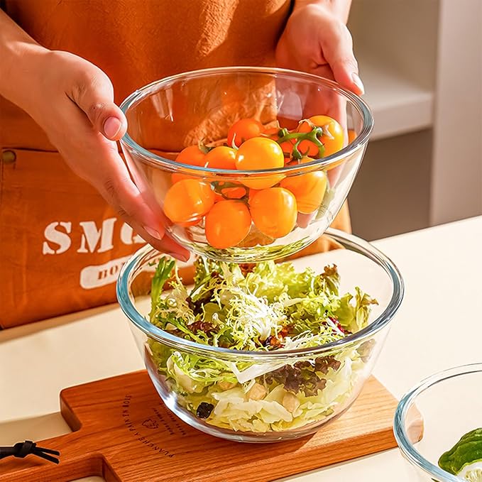 2 Pack Deep Mixing Bowls Glass Salad Bowl Round Glass Serving Bowls for Cooking Baking Prepping Dishwasher & Microwave & Oven Safe (1.1L)
