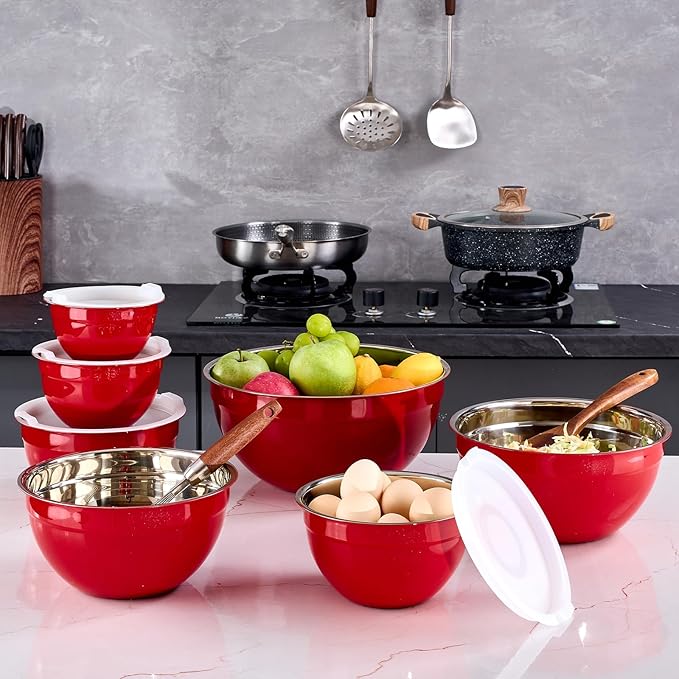 Red Mixing Bowls With Airtight Lids,Stainless Steel Bowl,Salad Bowls 7 Piece Colorful Nesting Bowl Rainbow Kitchen Accessories,Size 7,3.6,2.7,2.1,1.5,1.1,0.8QT Stackable Design
