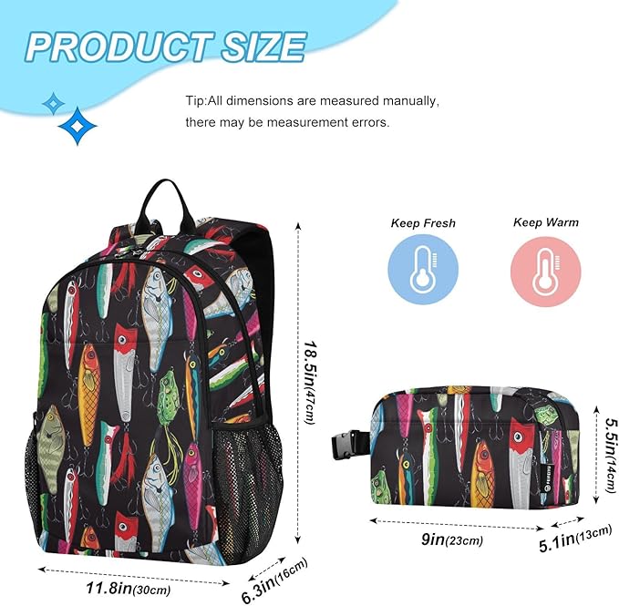 Emelivor Colorful Fishing Lures Kids Backpack for Girls Boys School Bookbag with Insulated Lunch Box for Preschool Primary School School Backpack