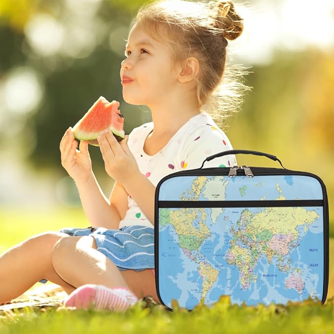 Political World Map Lunch Box for Women Men Map Blue Ocean Soft Insulated Lunch Bag with Handle Freezable Lunch Cooler Reusable Lunch Tote Bag for Office Work Sports Beach Picnic Travel