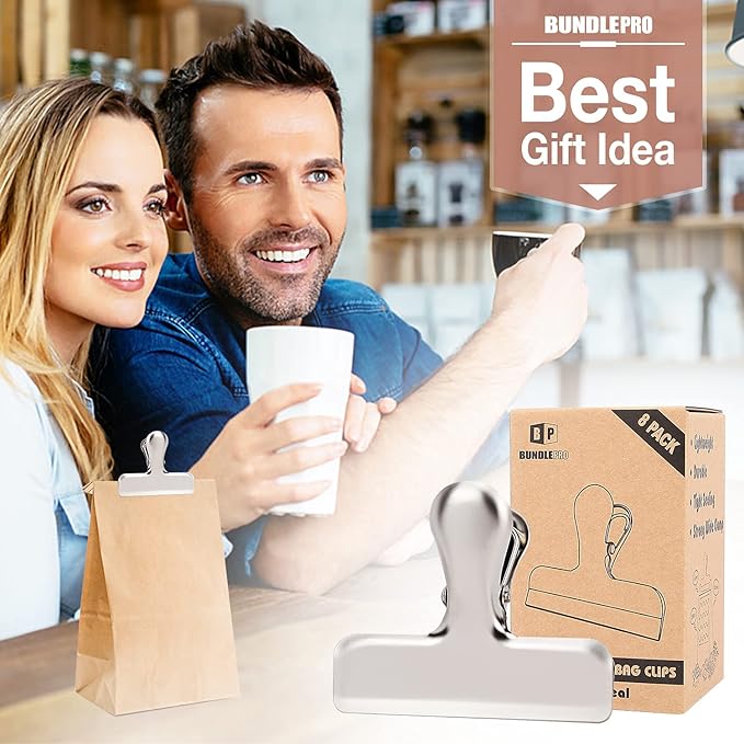 Pack of 8 Heavy Duty Metal Bag Clips, Stainless Steel - Tightly Seals Chip, Coffee, Bread or Cereal Bags to Keep Food Fresh, for Home, Kitchen, Office, Pantry, Camping (Matte Silver)
