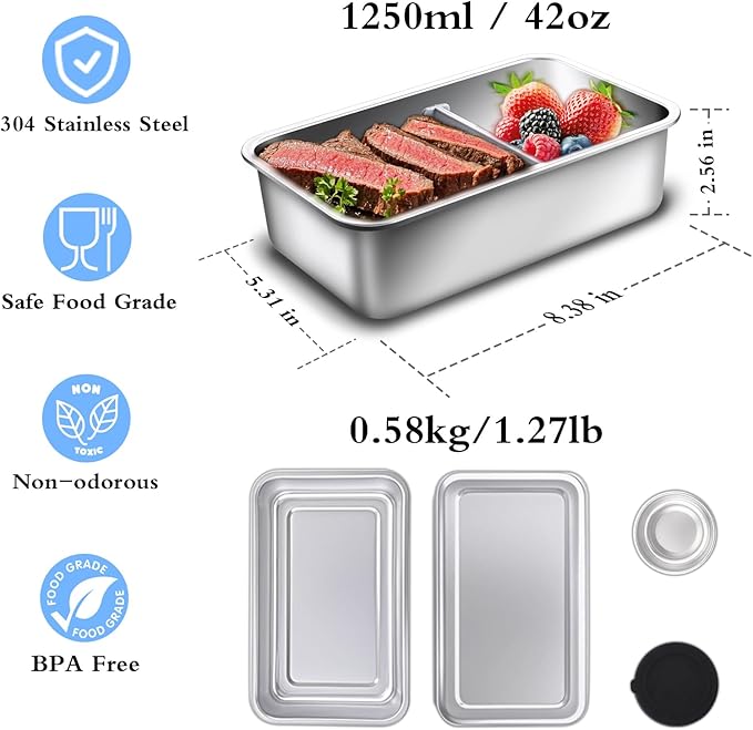 Stainless Steel Bento Lunch Box for Adult, 42oz Leak-Proof Lunch Box Containers, Microwave-Safe, with Adjustable Divider, Convenient Metal Lunchbox for Work, Travel