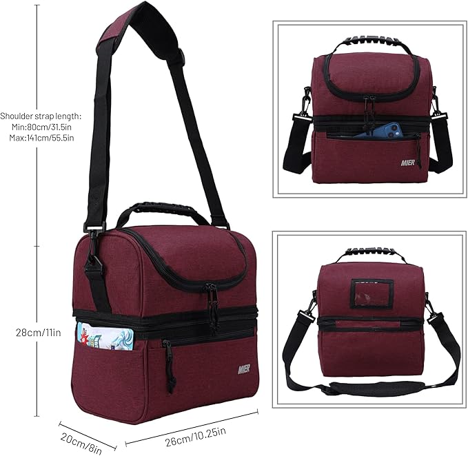 MIER Adult Lunch Box Insulated Lunch Bag Large Cooler Tote Bag for Men, Women, Double Deck Cooler (Dark Red, Large)