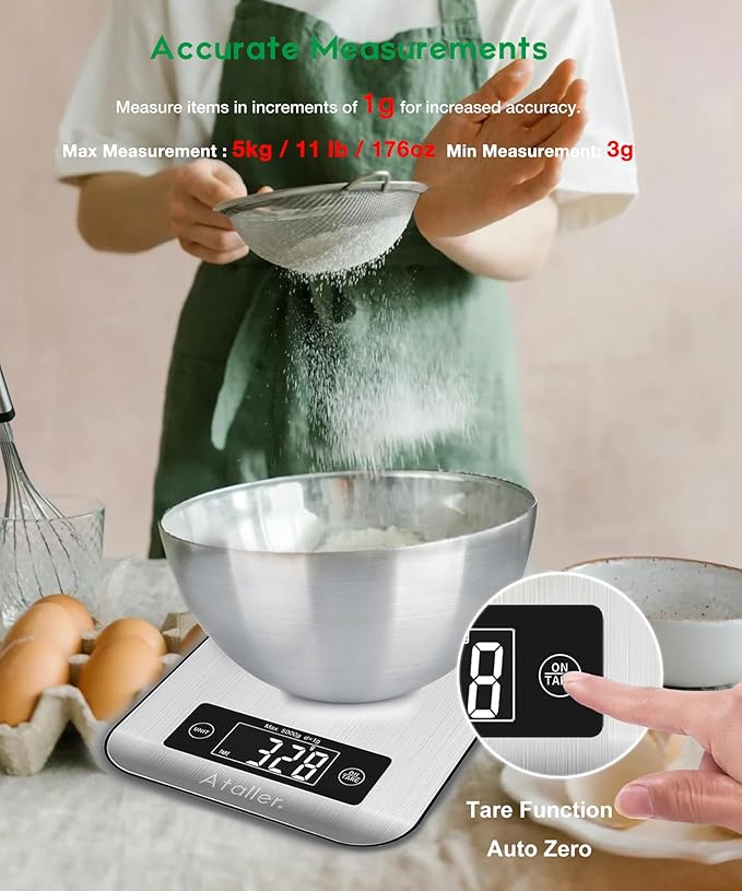 Ataller Smart Food Nutrition Scale, Digital Kitchen Scales with Smart App for Meal Planning, Tracking Calorie Value and Food Nutritional Counting, Resolution 1g, Max 5kg 11Ib, 304 Stainless Steel