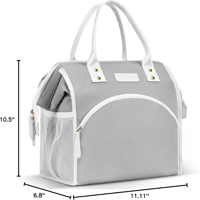 LOKASS Lunch Bag Women Insulated Lunch Box Wide-Open Lunch Tote Bag Large Waterproof Cooler Bag for Work Picnic Hiking Beach(Gray)