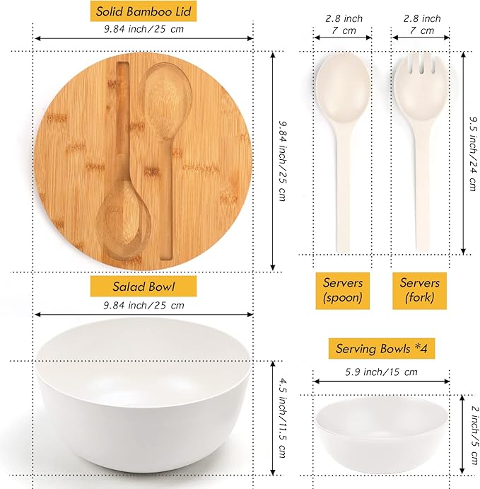 ShineMe Salad Bowl Set, 9.8inches Large Salad Bowl with Lid, Bamboo Salad Serving Bowl with 4pack Small Snack Bowls and Servers(Fork & Spoon) for Mixing Salad, Vegetables and Pasta(White)