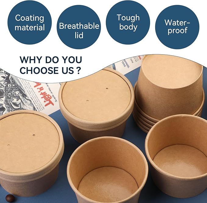 12 oz 75 Pack Paper Soup Cups with Lids, Disposable Kraft Paper Soup Bowls, Paper Soup Containers To Go, Ice Cream Cups For Dessert Yogurt Ice Cream