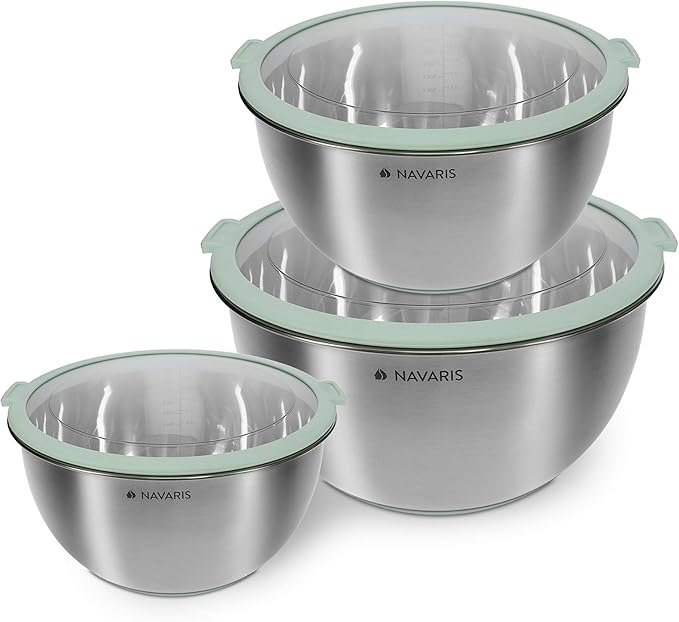 Navaris Stainless Steel Mixing Bowls with Lids (Set of 3) - Small, Medium and Large Mixing Bowl with Lid Set - 1.5 QT, 3 QT, 5 QT - Mint Green