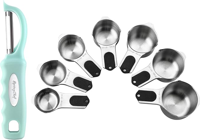 Spring Chef Premium Swivel Vegetable Peeler, Mint & Stainless Steel Magnetic Measuring Cups, Set of 7, Black - 2 Product Bundle