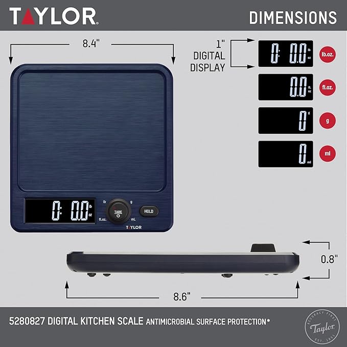 Taylor Digital Kitchen Scale with Antimicrobial Surface Plastic Body Weighs Up to 11 pounds Capacity with Hold and Tare Functions and Backlight, Navy