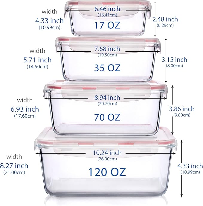 Extra Large Glass Food Storage Containers with Lids, Set-8-Piece Lunch Containers, Ideal for Storing Food, Vegetables, Fruits, Baking Cake & lot of other Tasty Food (Rectangular)