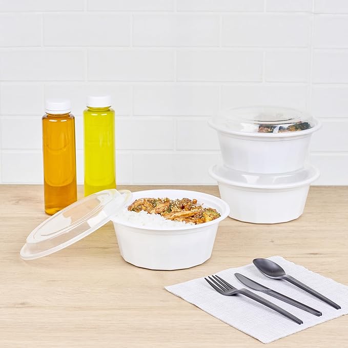 Restaurantware Asporto 32 Ounce To Go Boxes 100 Microwavable Take Out Food Containers - Clear Plastic Lids Included Do Not Contain BPA White Plastic Catering Food Containers Disposable Round