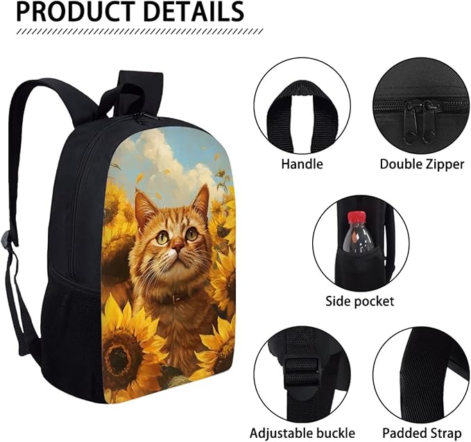 Dolyues Sunflower Cat Girls' Backpack Set 17-Inch Bookbag, Matching Lunch Tote & Sparkling Pencil Pouch Functional & Elegant for School or Travel