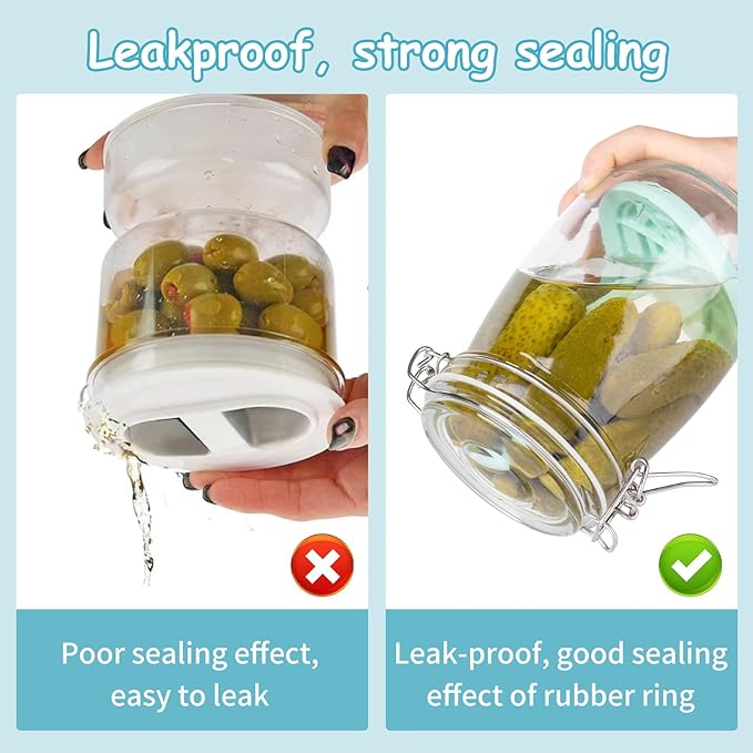 2 Pack Glass Pickle Jar with Strainer, 34 OZ Pickle Storage Container Keeper with Lift Strainer, Juice Separator Jar with Leak Proof Airtight Lid for Olive Gherkin Jalapeno Mothers Day Gifts