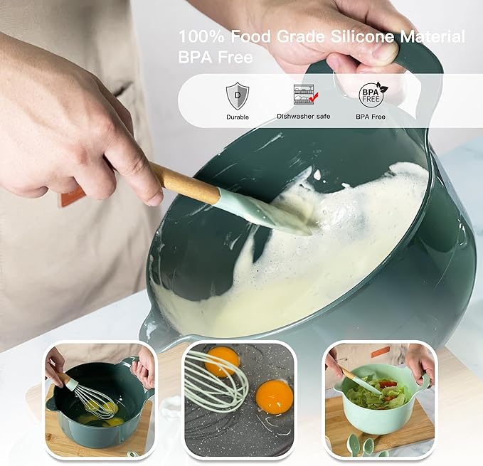 Plasic Mixing Bowls set with Baking supplies, Green Nesting Bowls with pour spout/handle, Non-Slip Base, Measuring Spoons set, Egg Whisk, Spatula & Brush, Great for Mixing, Baking, 11 Pcs