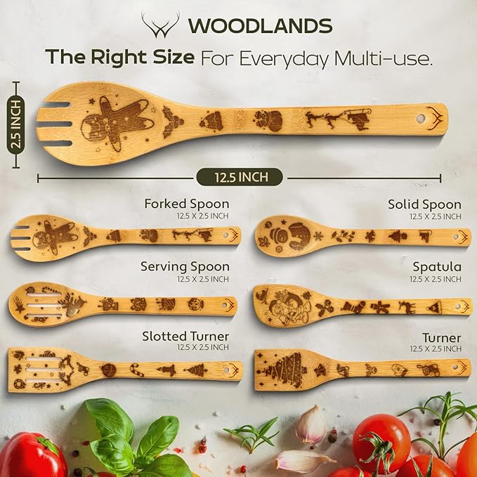 Woodlands-USA Christmas Kitchen Wooden Spoons For Cooking - Kitchen Utensils Set - Unique Women's Gifts For Christmas, Mom, Wife