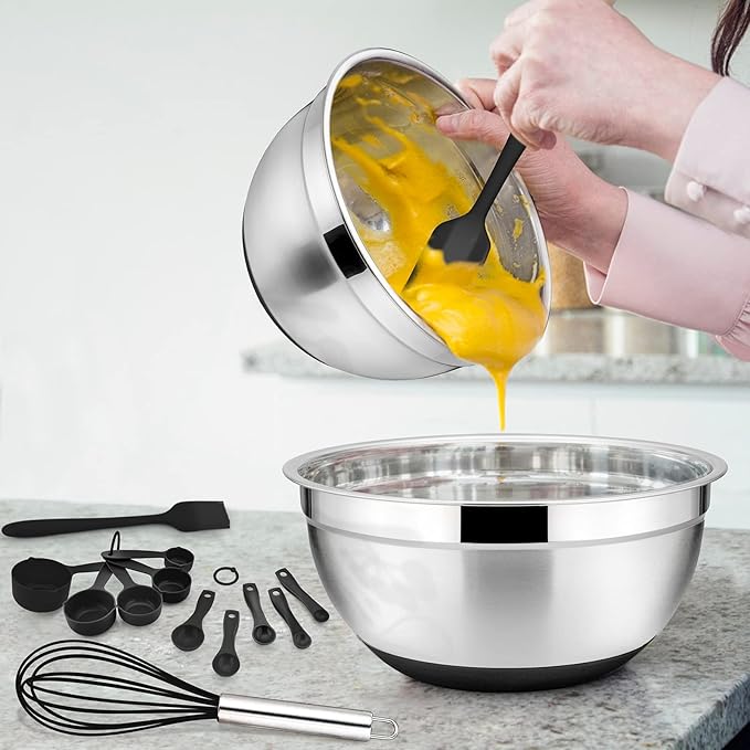 E-far 22-Piece Mixing Bowls with Black Lids & Accessories Set, Stainless Steel Nesting Bowls with Covers & Non-Slip Bottoms, Metal Bowls for Cooking/Baking/Serving/Storage - Size 7/3.5/2.5/1.5/1 QT