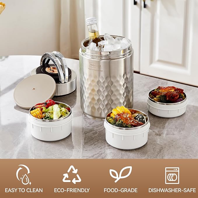 67 oz Adults Stainless Steel Vacuum Insulated Wide Mouth Soup Food Thermos Hot Food Jar with Keep Thermal Portable 3 Tier Stackable Bento Hot Food Containers Lunch Boxes (Silver)