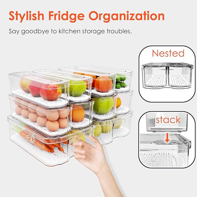 Fridge Organizers and Storage, 10 Pack Clear Freezer Organizer Bins with Lids for Kitchen, Pantry, Refrigerator, Food, Fruit, Vegetable Storage