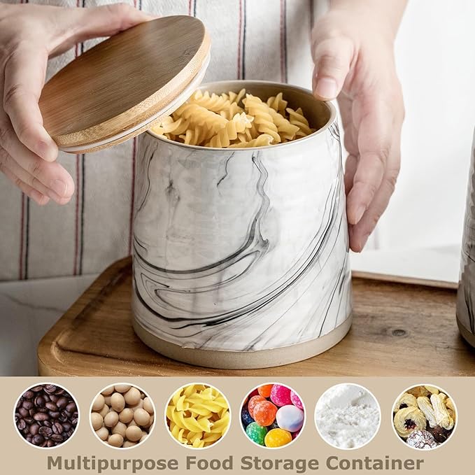 Ceramic Airtight Containers, Wide Mouth Food Storage Jars with Sealing Wooden Lids, Cereal Sugar Tea Coffee Bean Cookie Flour Canisters - Marble Design
