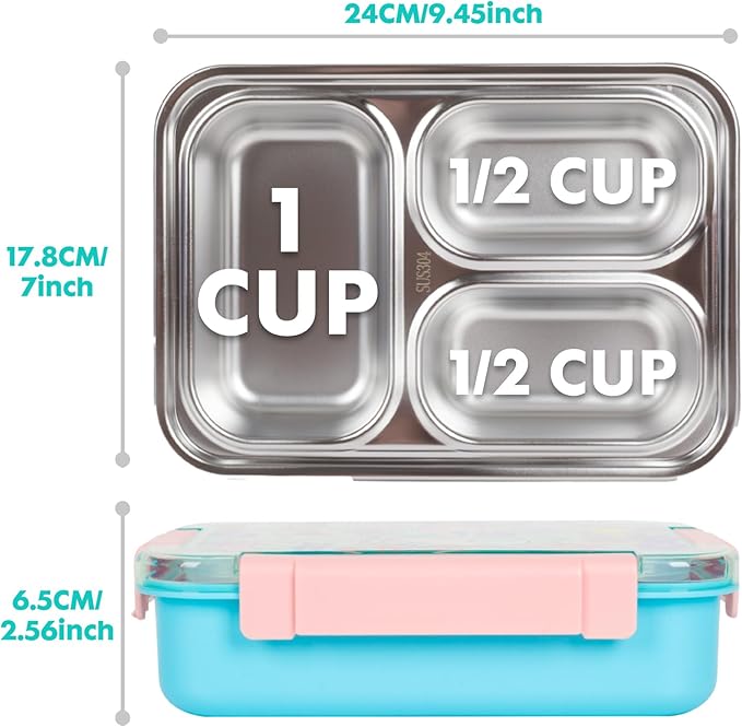 Stainless Steel Bento Lunch Box for Kids, 710ml/23.5oz BPA-Free Leak-Proof Food Containers with 3 Compartments, Back to School Students Daycare Lunches Snack Container Size for Ages 3-7
