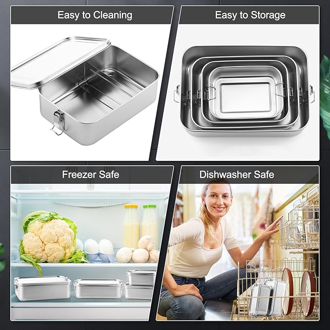 Umigy 4 Pcs Stainless Steel Food Containers Metal Bento Lunch Box Stainless Steel Food Storage Containers, Lockable Clips to Leak Proof, Reusable Dishwasher Snack Boxes for Work, Picnic (4 Sizes)
