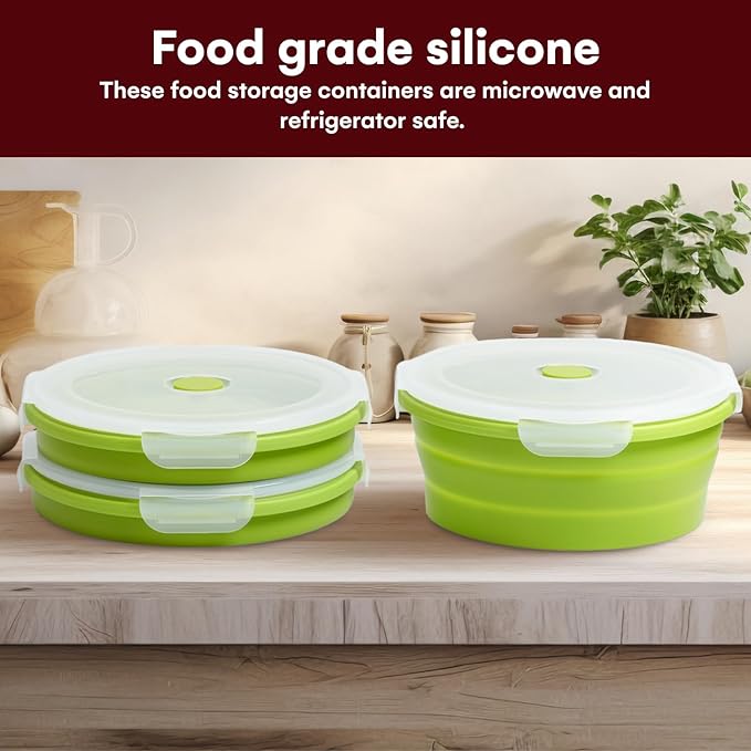 Vdomus Collapsible Food Storage Containers - Leak Proof, Microwave Safe - 40.5oz/1.2L Airtight Silicone Food Containers - Meal Prep Collapsible Bowls with Lids - Set of 3 - Green