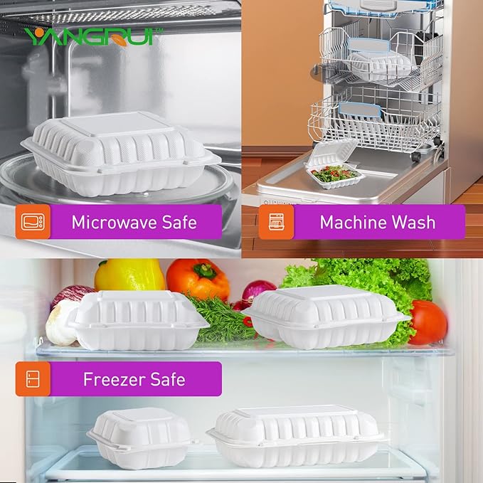 YANGRUI To Go Containers, Reusable 100 Pack Large Capacity 9 Inch 41 OZ Shrink Wrap MFPP Meal Prep Container BPA Free Microwave Freezer Safe Plastic Clamshell Food Plates