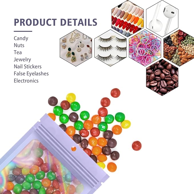 100 Pieces Resealable Mylar Bags, Smell Proof Bags with Clear Window for Food Storage Party Favor Packaging Small Business (Purple&Light Blue, 3.5×4.7 Inch)