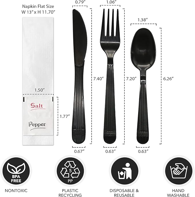 Party Essentials Individually Wrapped Black Plastic Cutlery Packets/Heavy Duty Silverware Kits, Fork/Spoon/Knife/Napkin/Salt/Pepper, 100 Sets