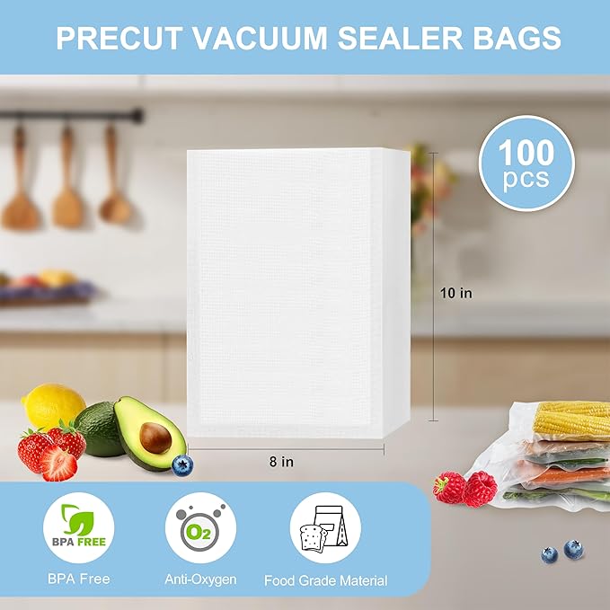 100pcs Vacuum Sealer Bags, Quart 8" x 10" Food Saver Bags, Pre-cut Commercial Grade Vac Bags for Food Storage, BPA Free, Heavy Duty, Meal Prep or Sous Vide Cooking