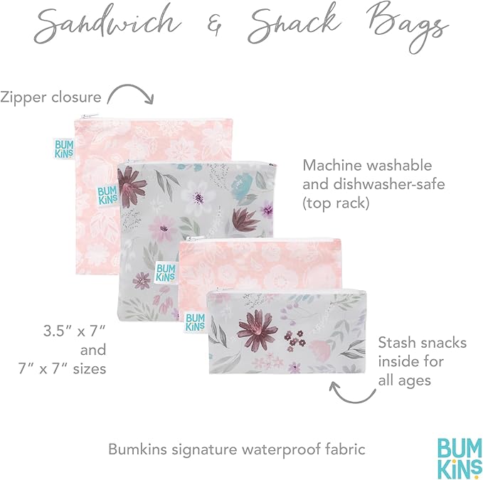 Bumkins Reusable Sandwich and Snack Bags, for Kids Lunch Bags and for Adults, Washable Fabric, Cloth Zip Bag, Dishwasher-Safe, Food-Safe, Safety Tested (4-Pack)