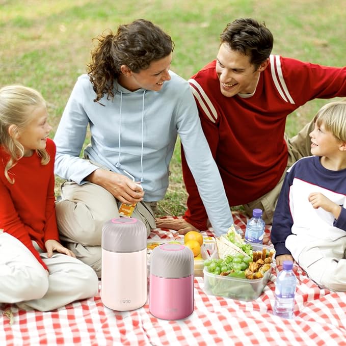 FEWOO Food Jar - 20oz Vacuum Insulated Soup Container, Stainless Steel Lunch Box for Kids Adult, with Folding Spoon for Hot or Cold Food (Pink)