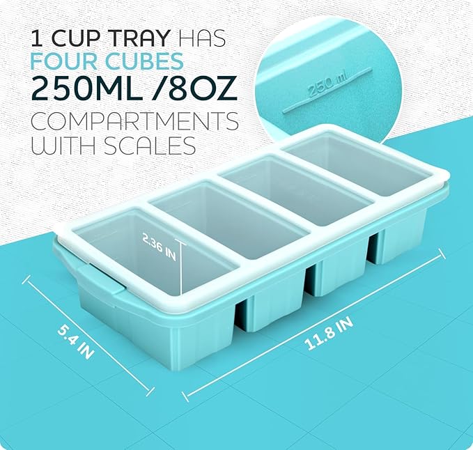 Silicone Freezer Tray With Lid - Soup Freezer Container molds - Large Ice Cube Tray- makes 8 perfect 1 cup portions cubes, 2-Pack Freezer Storage Food Soups & Meal Prep - Oven & Dishwasher -Safe