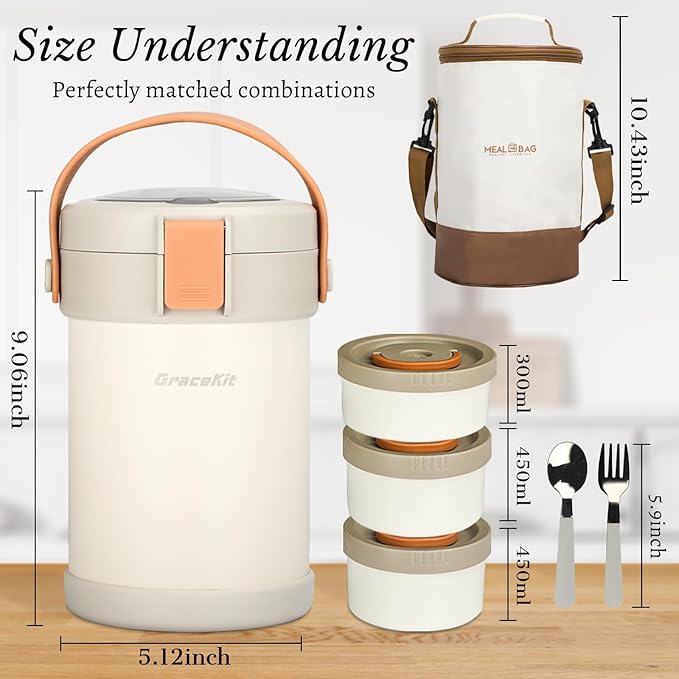 Thermo for Hot Food 3-Layer Termos Para Comida Caliente 67oz Leakproof Lunch Box for Men Women Adults - Insulated Soup Container w/Cutlery, Collapsible Cup & Thermal Bag, Office Camping Travel