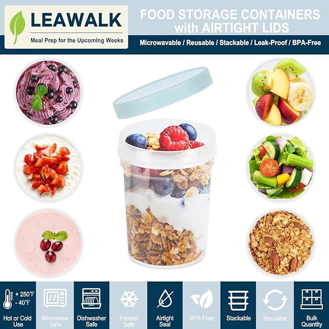 32oz-12Pack Reusable Food Freezer Storage Containers with Lids, BPA Free Twist Top Deli Container, Leak Proof, Stackable, Microwave and Dishwasher Safe-4 Colors