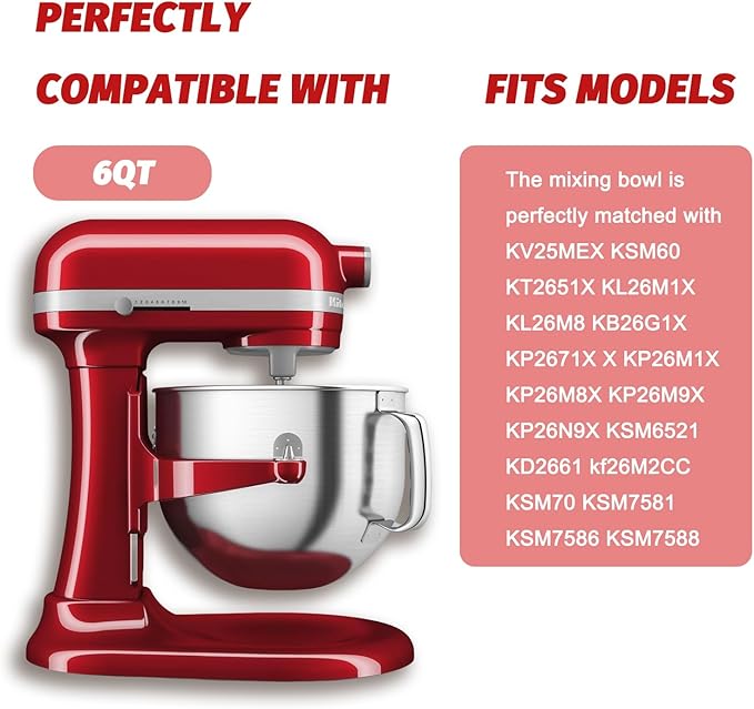 GZsenwo 6 Quart Stainless Steel Mixer Bowl for Kitchen Aid, with Handle, Fits for KV25, KP25, KP26, KSM7990, KT2651, KD2661 KSM7581, KV25M,4KB25,KV25GOX,KV25G8X,KV25HOX NOT for KF26M22CA
