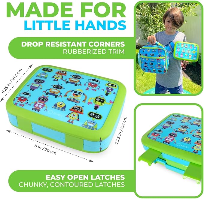 kinsho Bento Lunch Box for Kids Toddlers Boys, 4 Portion Sections Secure, BPA Free Removable Tray, Pre-School Kid Daycare Lunches Snack Container, Green Robot Ages 3 to 5