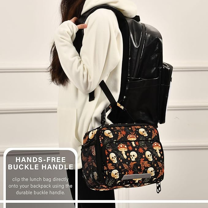 MNSRUU Student Lunch Bag Mushrooms Skull Insulated DinnerTotes Picnic Bag Lunch Box with Adjustable Shoulder Strap for Teen Kids Adults