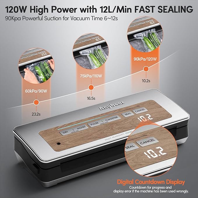 Vacuum Sealer Machine, 90kPa 120W Wide Seal All-IN-1 Powerful Food Storage, Build-in Cutter | Bags Storage | Digital Countdown Display | 2 Bag Rolls and 5pcs Pre-cut Bags (Silver Wood Grain)