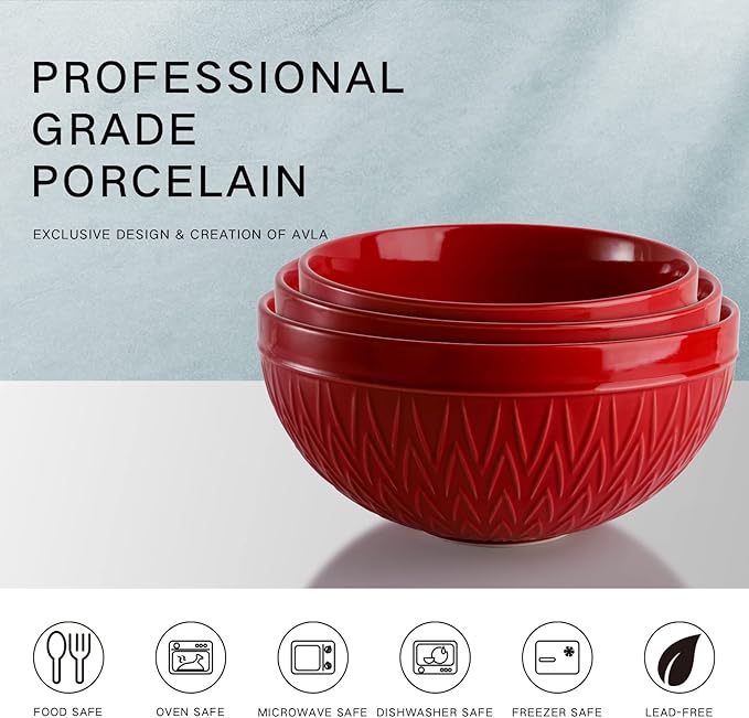 AVLA Porcelain Mixing Bowls for Kitchen, 3/1.8/1.2 Qt Ceramic Large Serving Salad Soup Bowl Set, Deep Nesting Bowl for Space Saving, 3-Piece Set, Microwave and Dishwasher Safe, Red