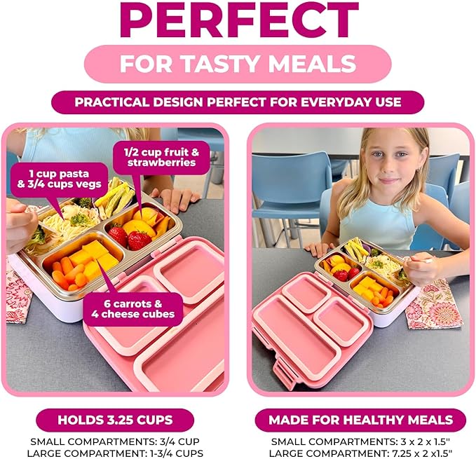 Stainless Steel Bento Box Lunch Container for Kids Adults with Removable Tray, Leakproof Silicone Seals, BPA Free 26 oz/790 mL (Pink)